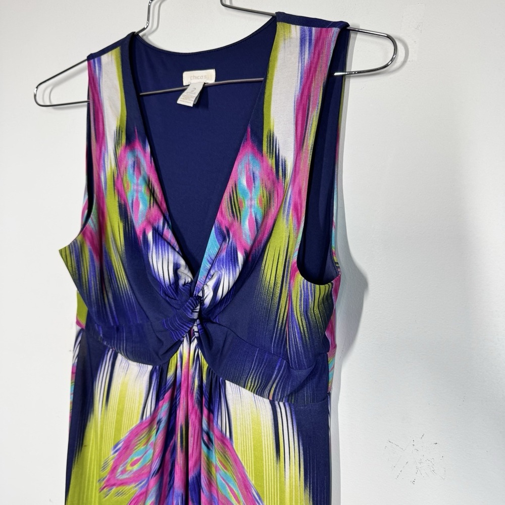 Chicos Sleeveless Ikat Print Twist Front V-Neck Maxi Dress Multicolor Womens L - Picture 5 of 13
